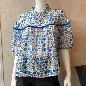 VOY Size Large Blue White Geometric Print Blouse Top Shirt Boho Festival